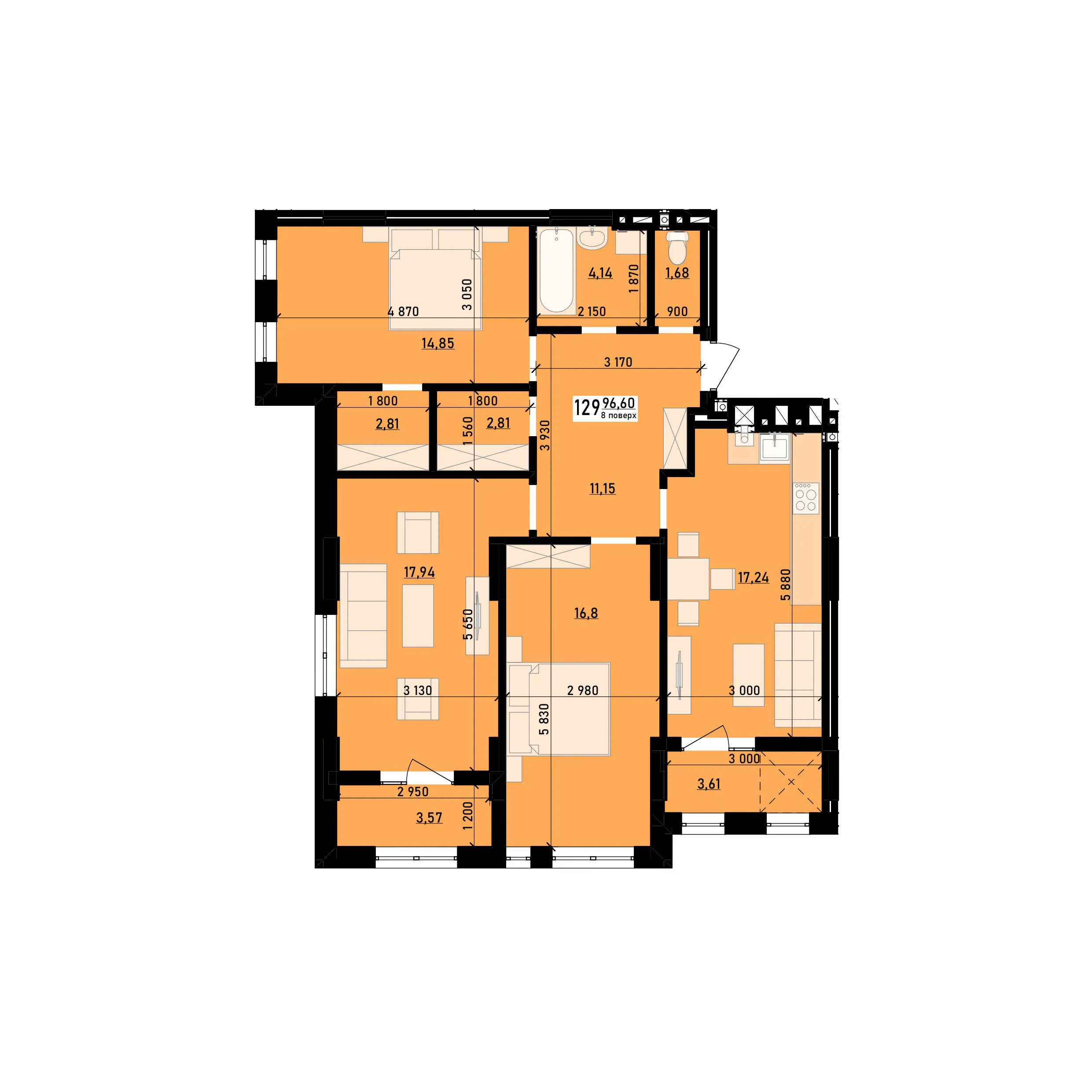 3-кім квартира №129 у ЖК «Весняний»